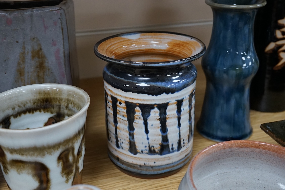 A collection of studio pottery to include a Celtic pottery Newlyn goblet, various jugs and bowls, largest 19cm high